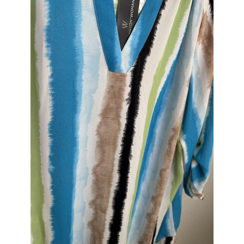 NEW Worthington Woman Shirt Womens 2X Blue Green Sophia Stripe 3/4 Sleeve V Neck - Picture 3 of 7